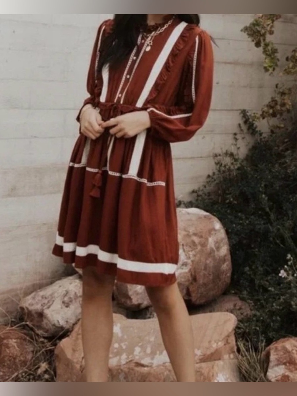 Bohme Zoe Ruffle Lace Trim Dress Medium Boho Long Sleeve Tie Waist